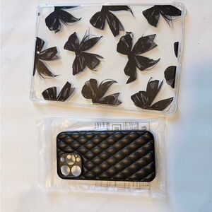 Elegant Black Quilted Phone Case and Samsung Pad clear, black bows cover